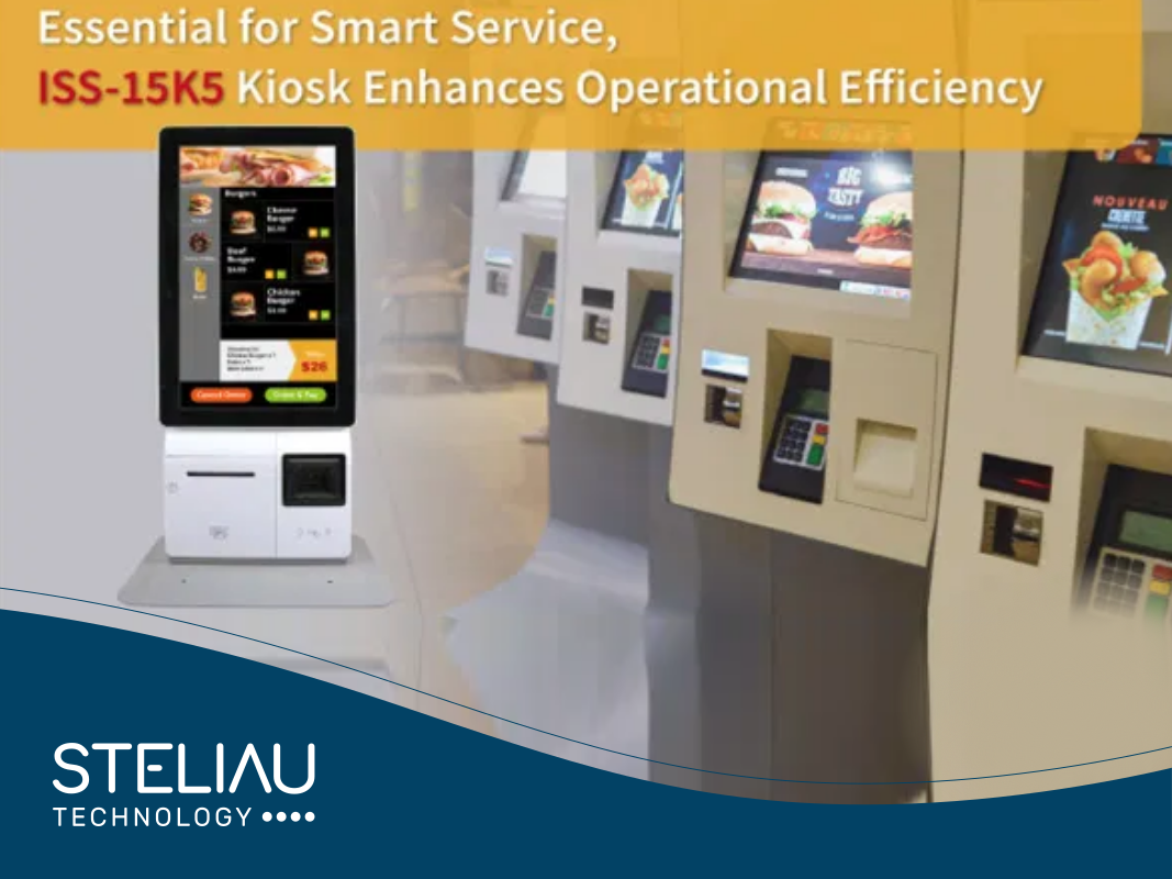 Product image ISS-15K5 Kiosk 15.6" combines industrial computing, industrial monitor, industrial connectors, and flexible expansion for efficient self-service.