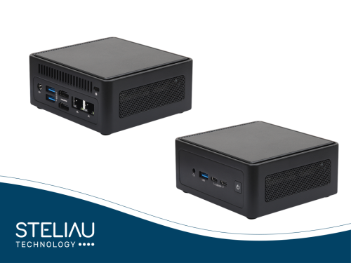Compact barebone with AMD Ryzen AI 300, DDR5 up to 96GB, dual USB4, dual LAN, quad display support, M.2 slots, and 19V power adapter.