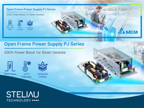 Delta’s new PJ Series open power supplies (100W/150W) offer 200% peak power, compact 27 mm design, remote control, and global industrial certification.